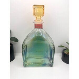 Vintage Glass Decanter With Square Amber Stopper & Iridescent Green Blue Body